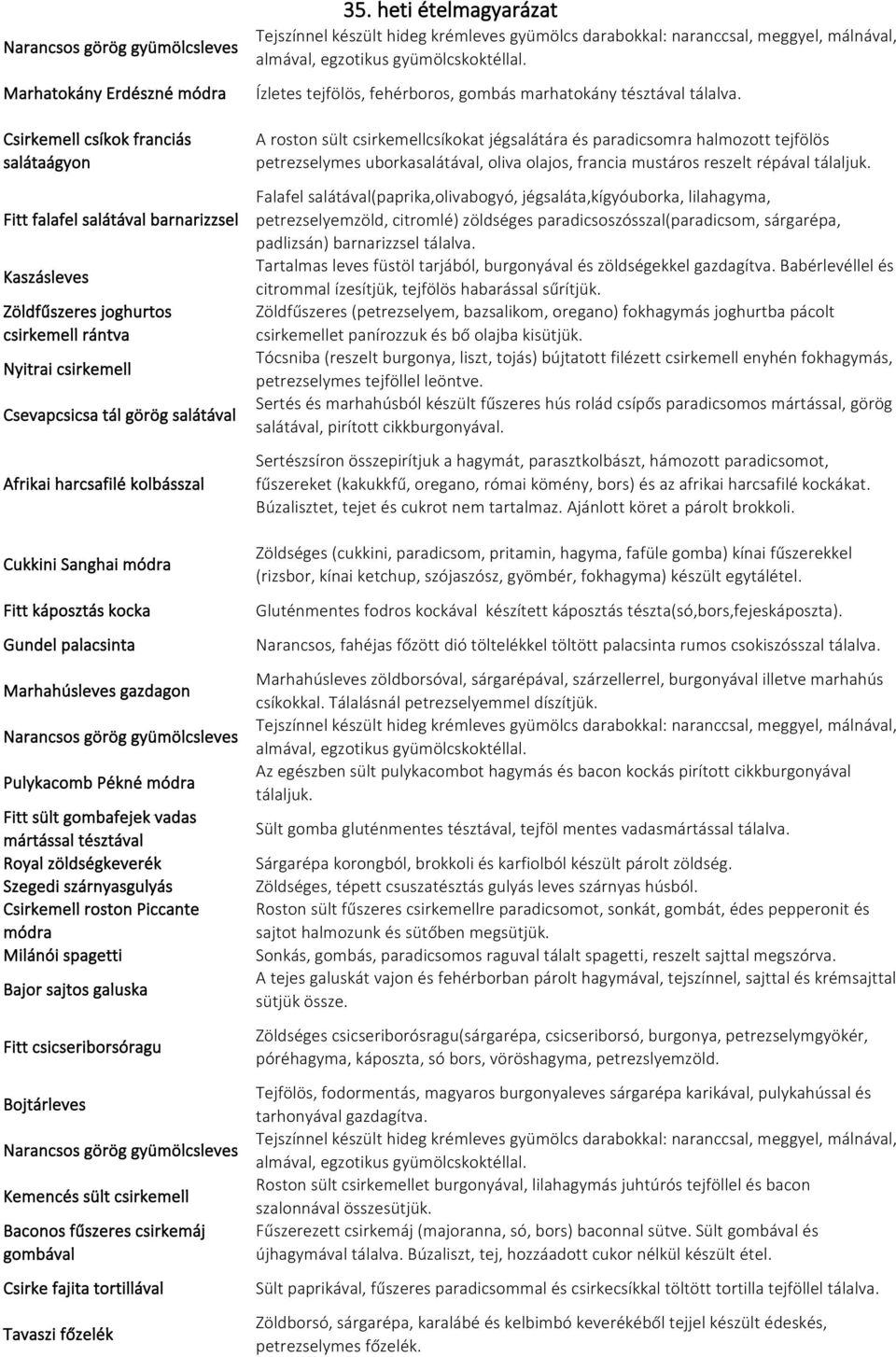 zöldségkeverék Szegedi szárnyasgulyás Csirkemell roston Piccante módra Milánói spagetti Bajor sajtos galuska Fitt csicseriborsóragu Bojtárleves Kemencés sült csirkemell Baconos fűszeres csirkemáj