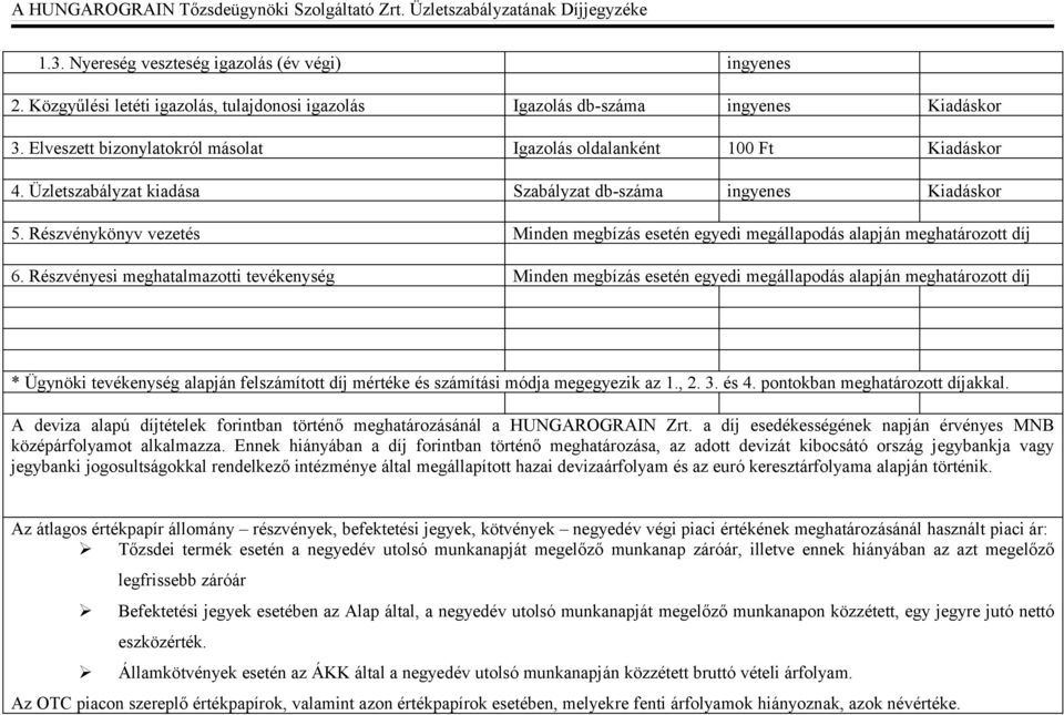 Részvénykönyv vezetés Minden megbízás esetén egyedi megállapodás alapján meghatározott 6.