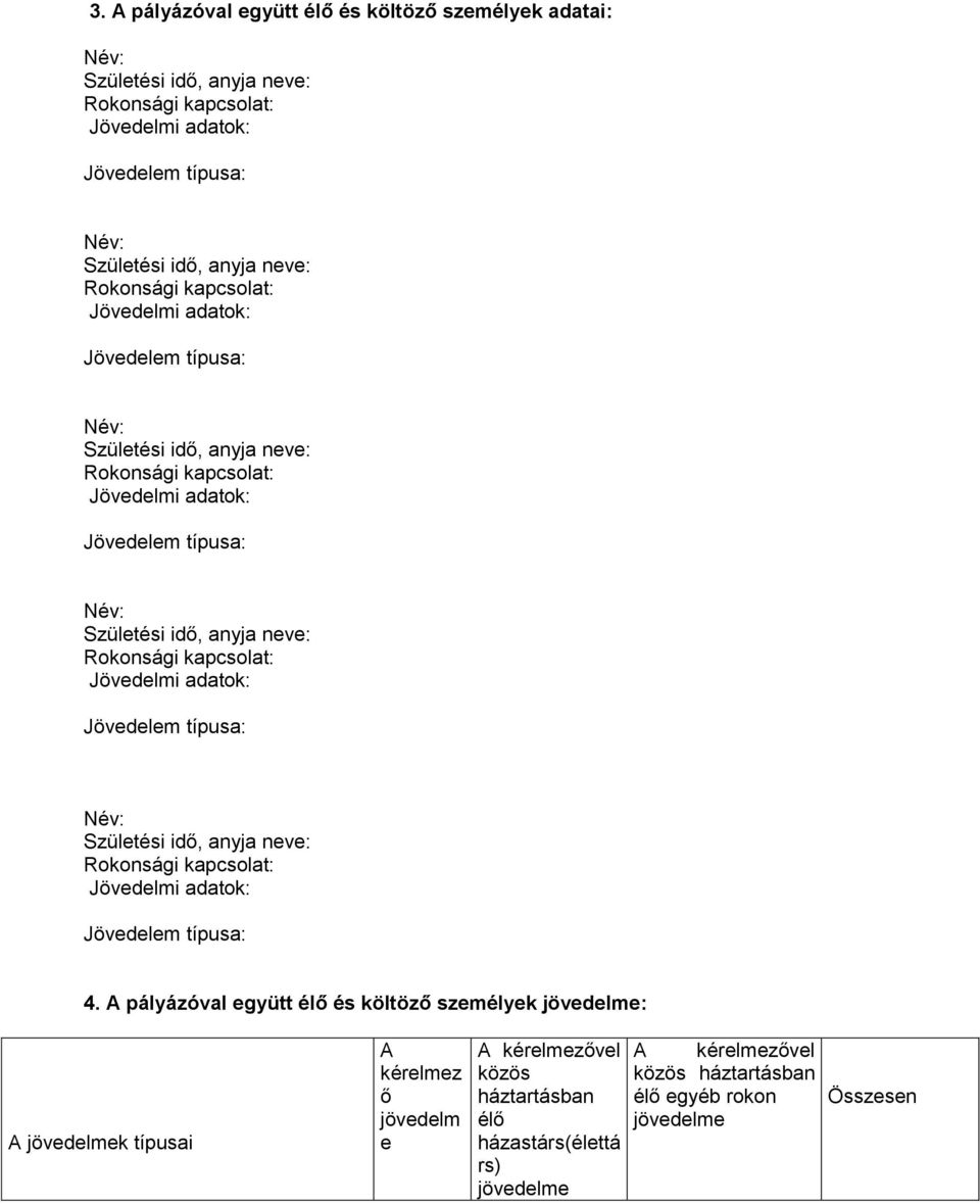 típusai A kérelmez ő jövedelm e A kérelmezővel közös háztartásban élő