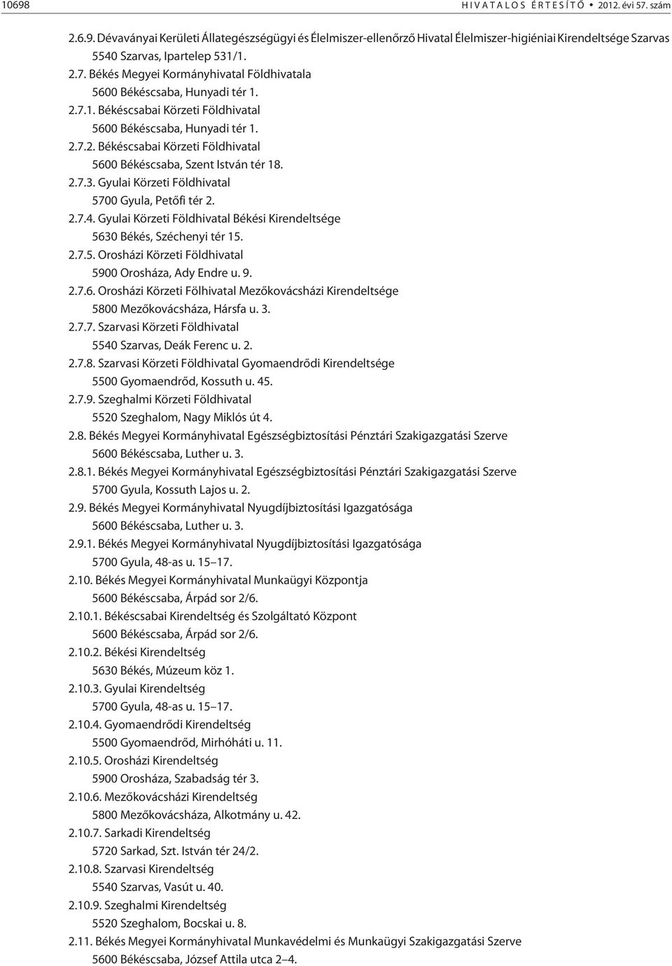 Gyulai Körzeti Földhivatal 5700 Gyula, Petõfi tér 2. 2.7.4. Gyulai Körzeti Földhivatal Békési Kirendeltsége 5630 Békés, Széchenyi tér 15. 2.7.5. Orosházi Körzeti Földhivatal 5900 Orosháza, Ady Endre u.