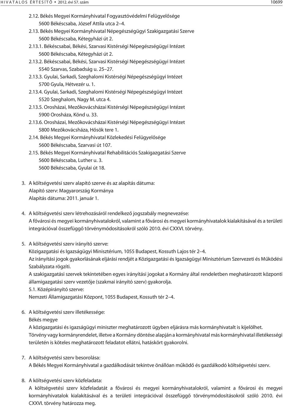 .1. Békéscsabai, Békési, Szarvasi Kistérségi Népegészségügyi Intézet 5600 Békéscsaba, Kétegyházi út 2. 2.13.2. Békéscsabai, Békési, Szarvasi Kistérségi Népegészségügyi Intézet 5540 Szarvas, Szabadság u.