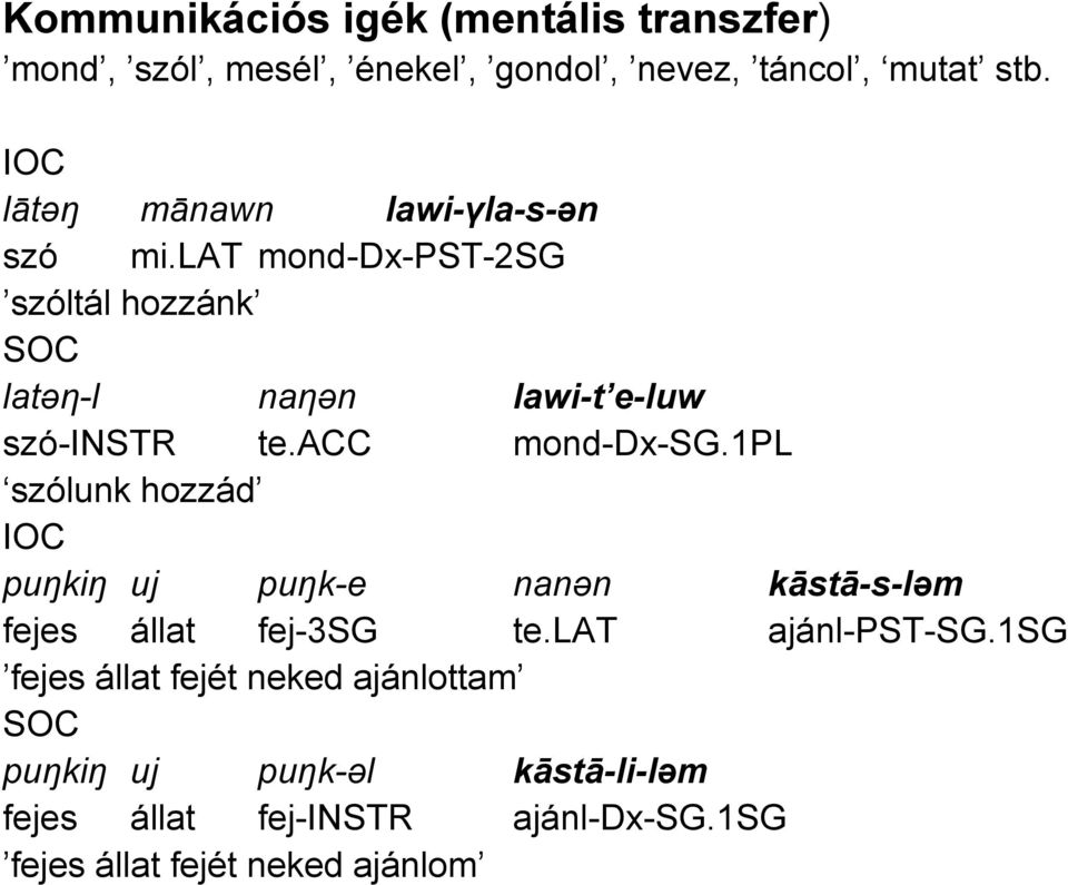 acc mond-dx-sg.1pl szólunk hozzád IOC puŋkiŋ uj puŋk-e nanən kāstā-s-ləm fejes állat fej-3sg te.lat ajánl-pst-sg.