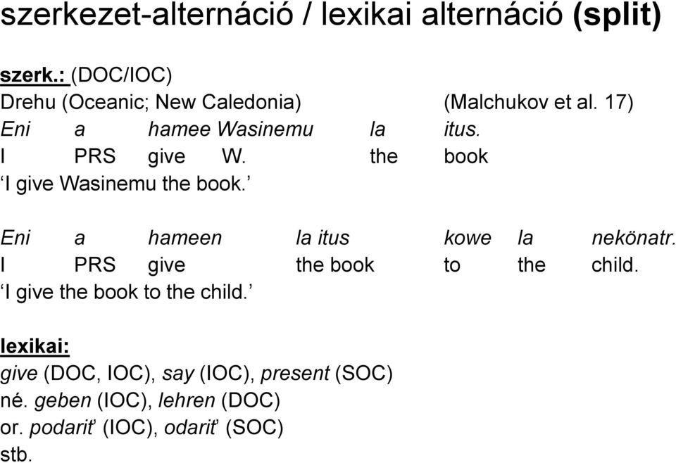 I PRS give W. the book I give Wasinemu the book. Eni a hameen la itus kowe la nekönatr.