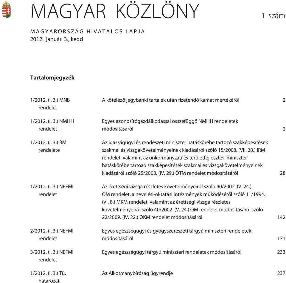 határozat A kötelezõ jegybanki tartalék után fizetendõ kamat mértékérõl 2 Egyes azonosítógazdálkodással összefüggõ NMHH rendeletek módosításáról 2 Az igazságügyi és rendészeti miniszter hatáskörébe