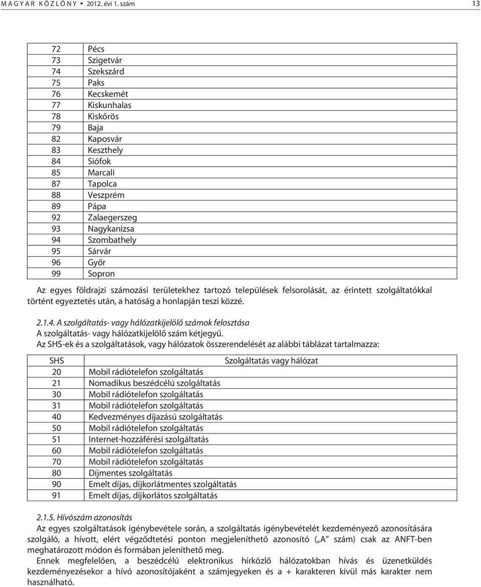 Nagykanizsa 94 Szombathely 95 Sárvár 96 Győr 99 Sopron Az egyes földrajzi számozási területekhez tartozó települések felsorolását, az érintett szolgáltatókkal történt egyeztetés után, a hatóság a