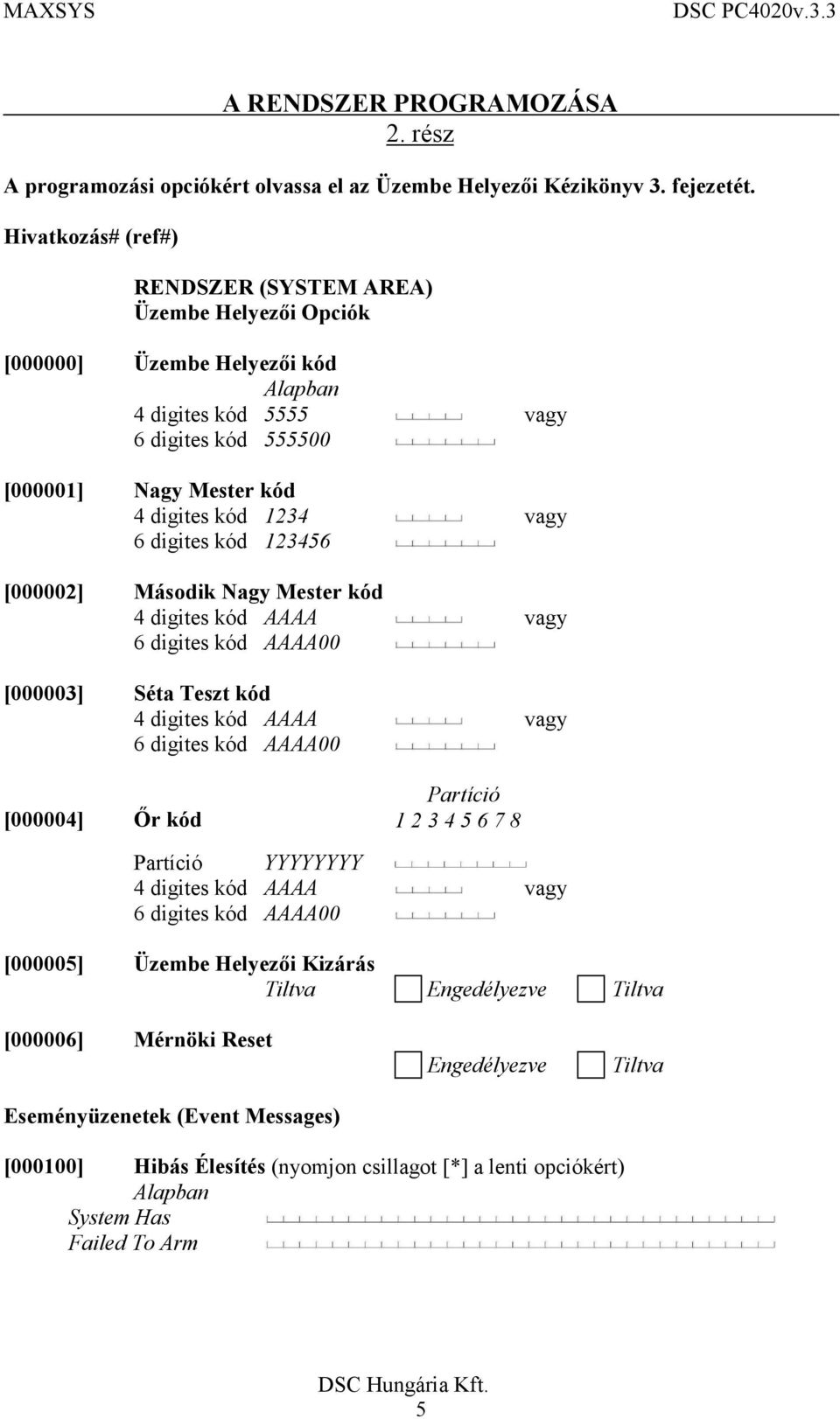 kód 123456 [000002] Második Nagy Mester kód 4 digites kód AAAA vagy 6 digites kód AAAA00 [000003] Séta Teszt kód 4 digites kód AAAA vagy 6 digites kód AAAA00 Partíció [000004] Őr kód 1 2 3 4 5 6 7 8