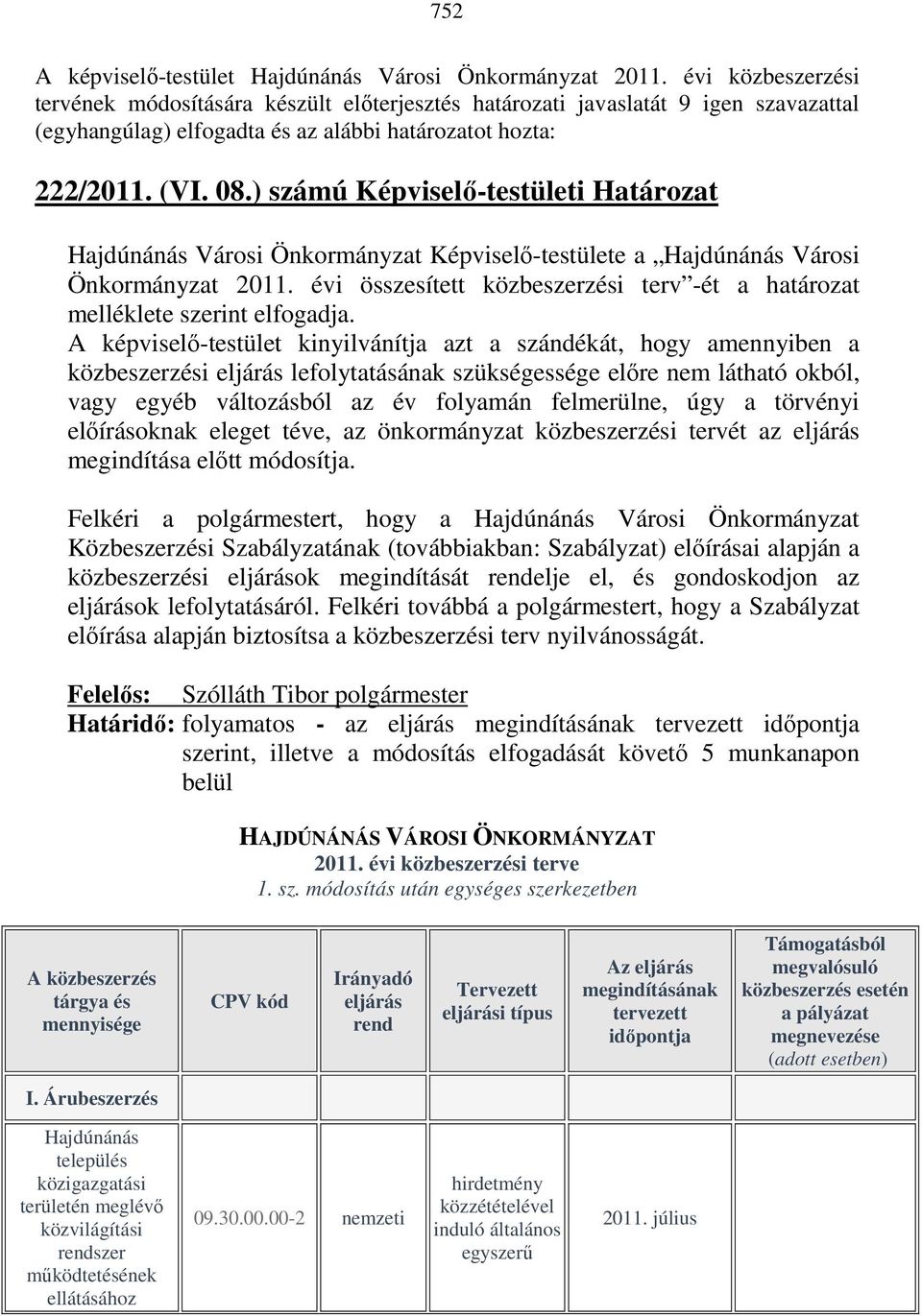 ) számú Képviselı-testületi Határozat Hajdúnánás Városi Önkormányzat Képviselı-testülete a Hajdúnánás Városi Önkormányzat 2011.