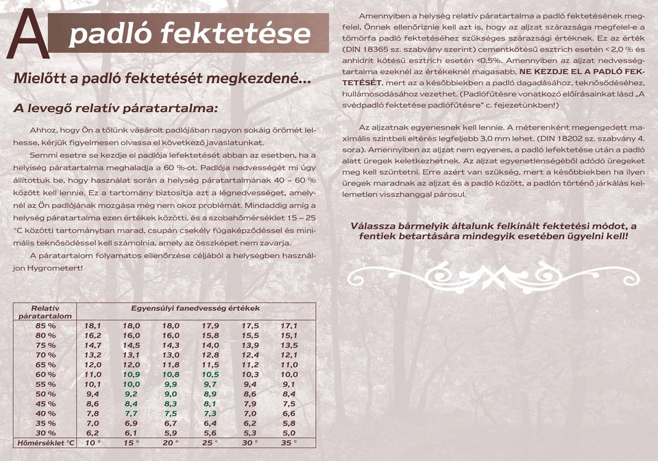 Padlója nedvességét mi úgy állítottuk be, hogy használat során a helység páratartalmának 40 60 % között kell lennie.