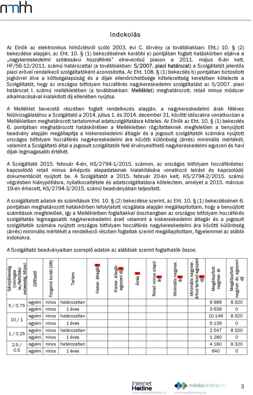 számú határozattal (a továbbiakban: 5/2007. piaci határozat) a Szolgáltatót jelentős piaci erővel rendelkező szolgáltatóként azonosította. Az Eht. 108.