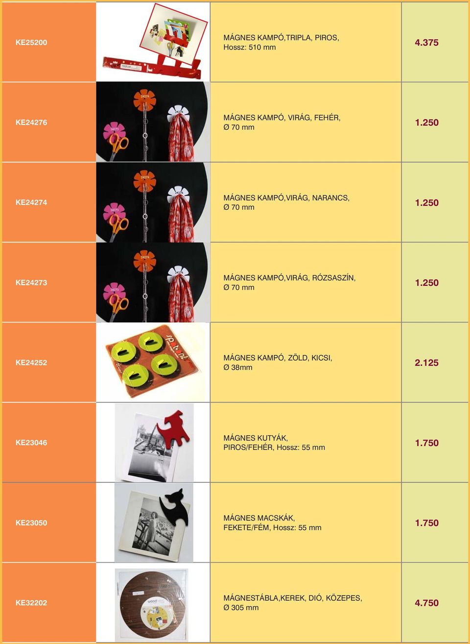 250 KE24252 MÁGNES KAMPÓ, ZÖLD, KICSI, Ø 38mm 2.125 KE23046 MÁGNES KUTYÁK, PIROS/FEHÉR, Hossz: 55 mm 1.