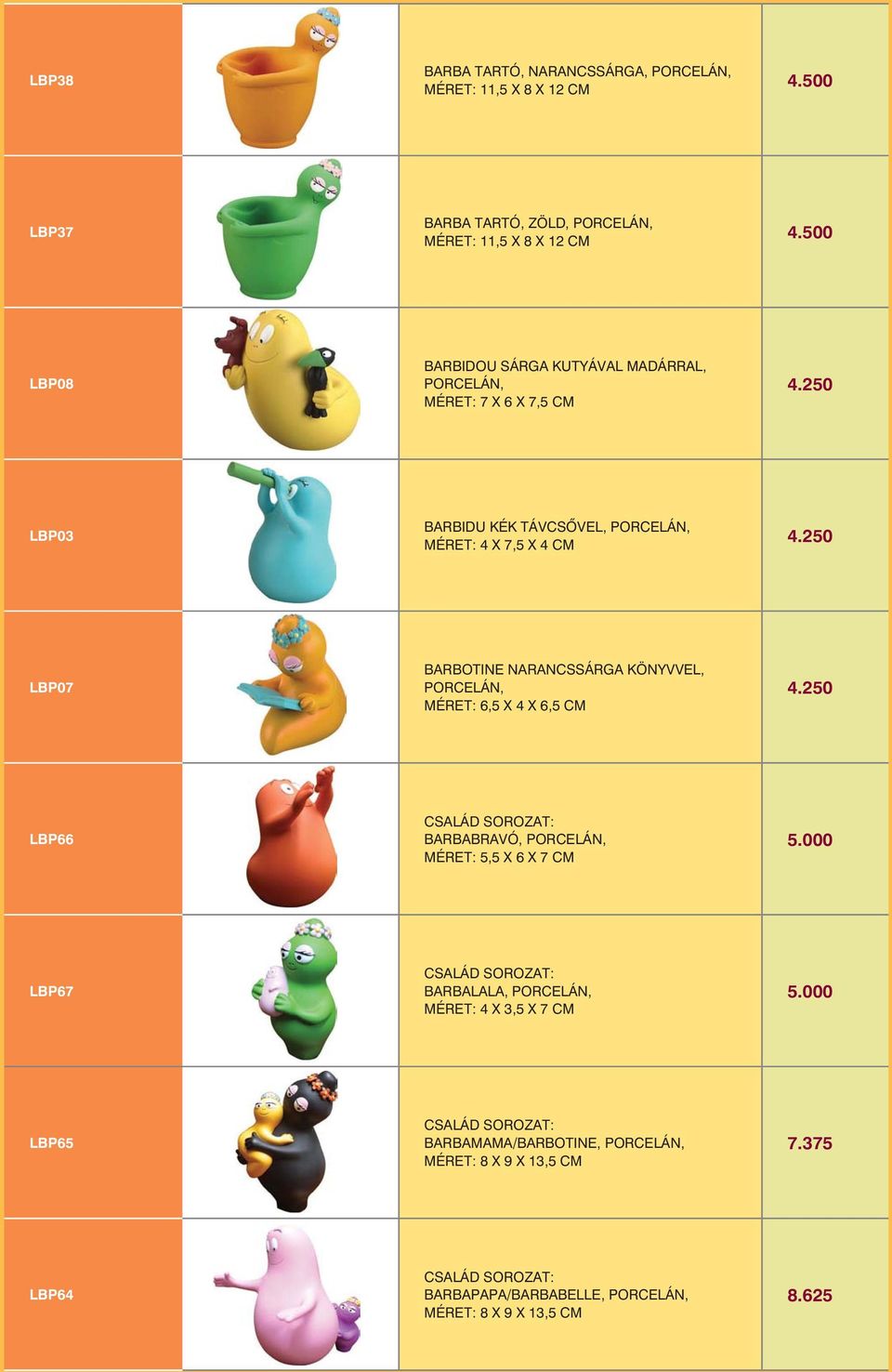 250 LBP07 BARBOTINE NARANCSSÁRGA KÖNYVVEL, PORCELÁN, MÉRET: 6,5 X 4 X 6,5 CM 4.250 LBP66 CSALÁD SOROZAT: BARBABRAVÓ, PORCELÁN, MÉRET: 5,5 X 6 X 7 CM 5.
