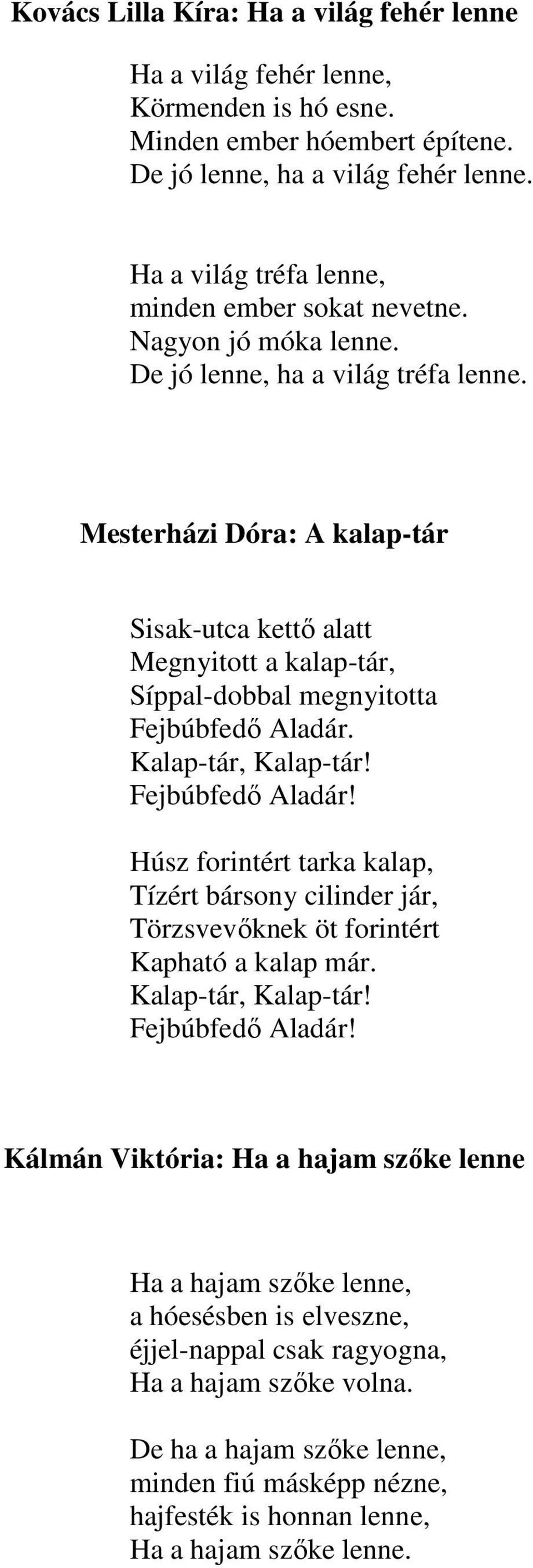 Mesterházi Dóra: A kalap-tár Sisak-utca kettő alatt Megnyitott a kalap-tár, Síppal-dobbal megnyitotta Fejbúbfedő Aladár.