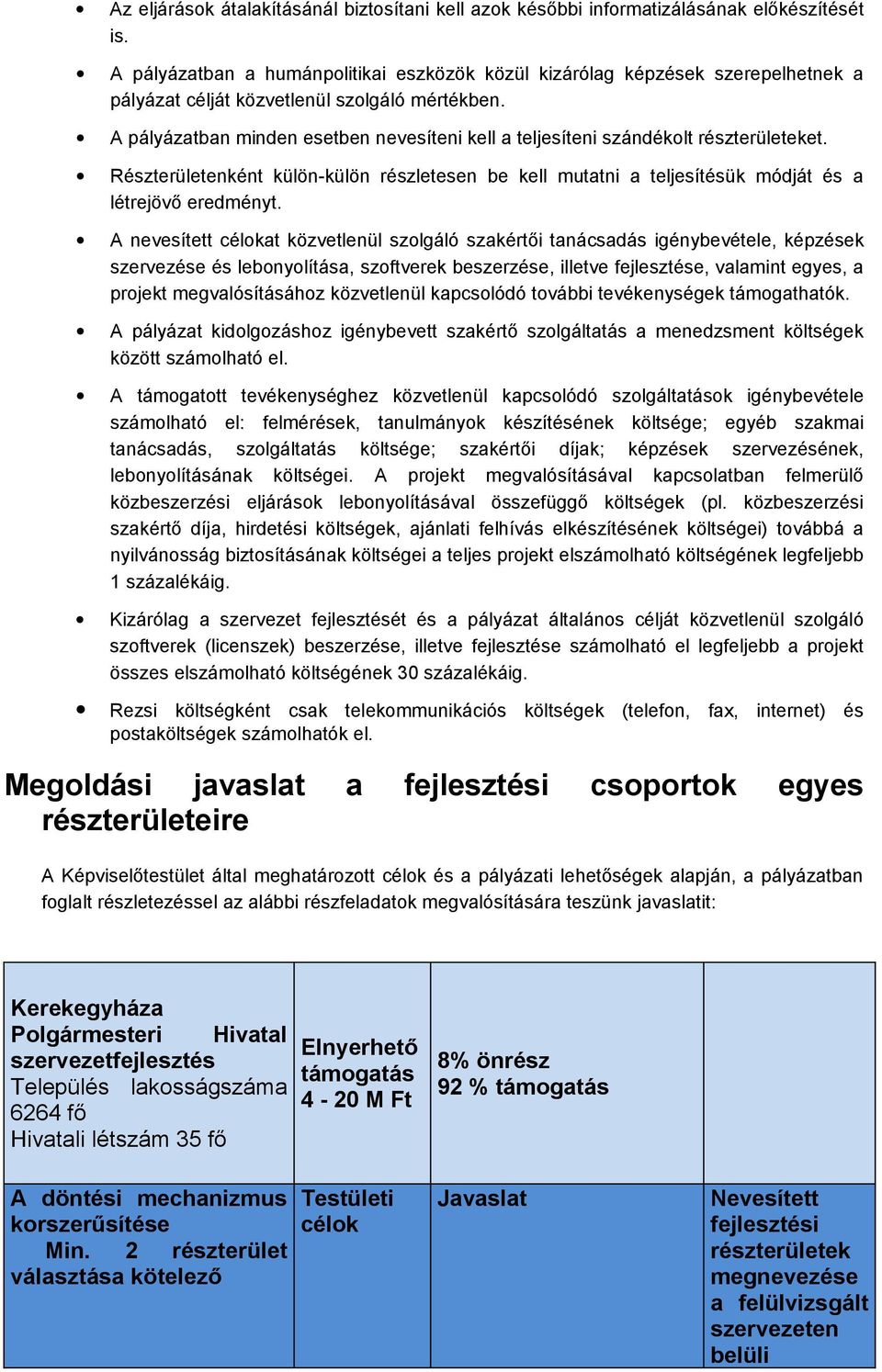 A pályázatban minden esetben nevesíteni kell a teljesíteni szándékolt részterületeket. Részterületenként külön-külön részletesen be kell mutatni a teljesítésük módját és a létrejövő eredményt.