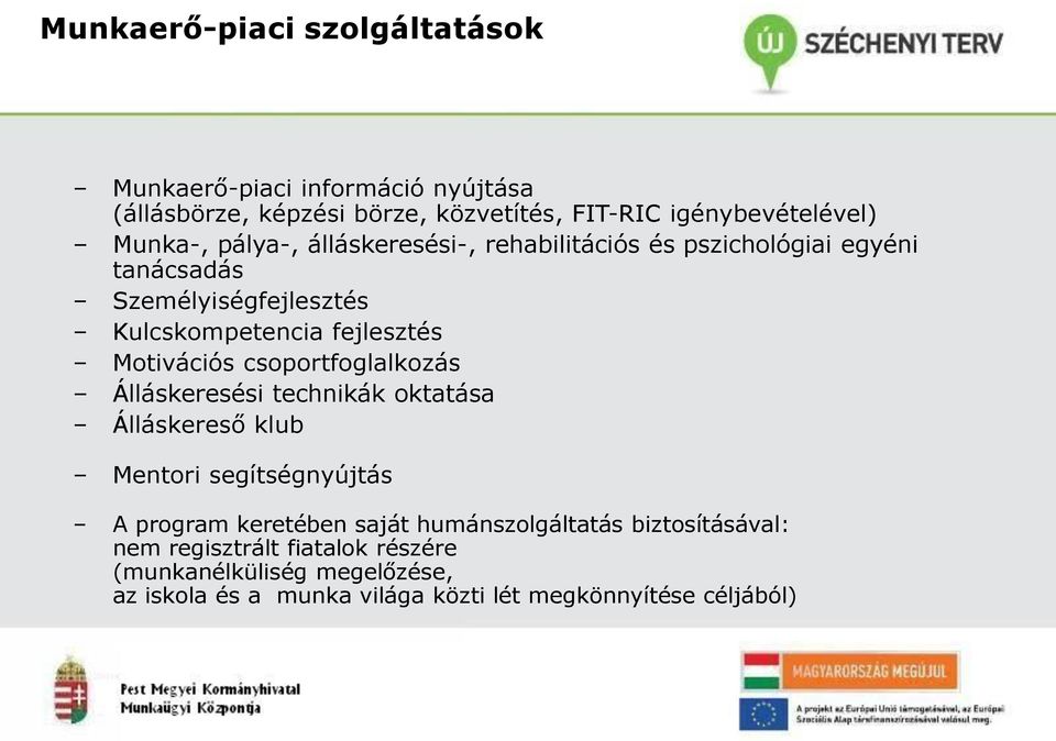 Motivációs csoportfoglalkozás Álláskeresési technikák oktatása Álláskereső klub Mentori segítségnyújtás A program keretében saját