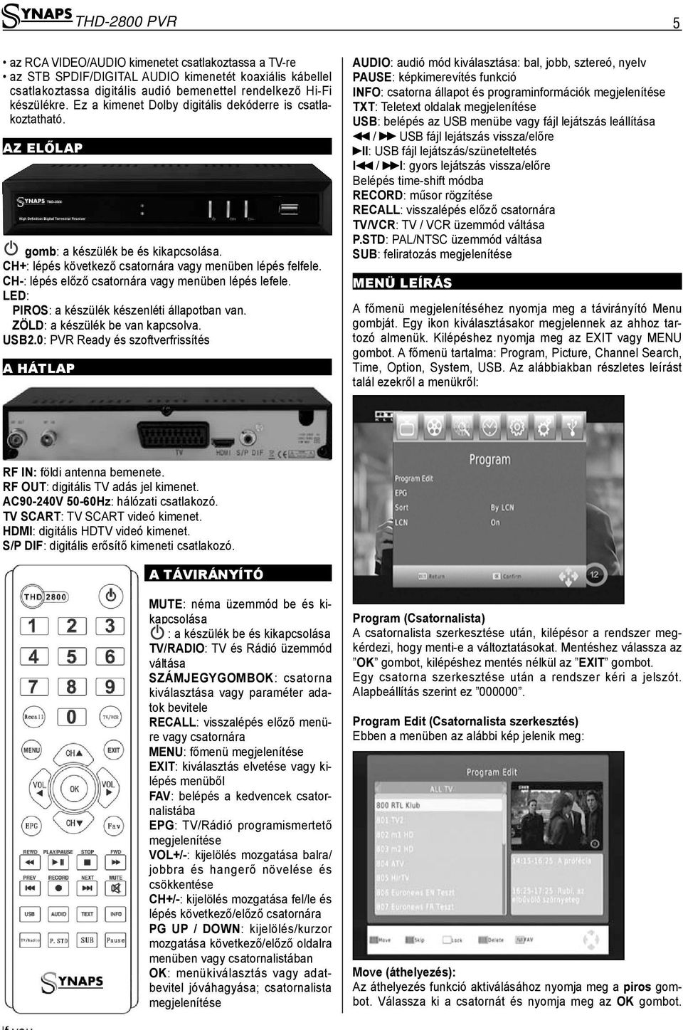 CH-: lépés előző csatornára vagy menüben lépés lefele. LED: PIROS: a készülék készenléti állapotban van. ZÖLD: a készülék be van kapcsolva. USB2.