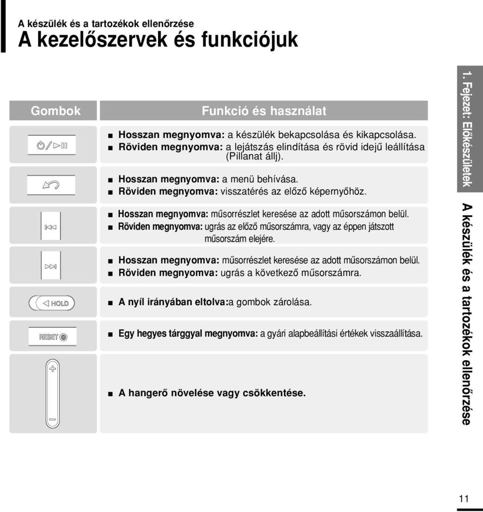 n Hosszan megnyomva: mûsorrészlet keresése az adott mûsorszámon belül. n Röviden megnyomva: ugrás az elôzô mûsorszámra, vagy az éppen játszott mûsorszám elejére.