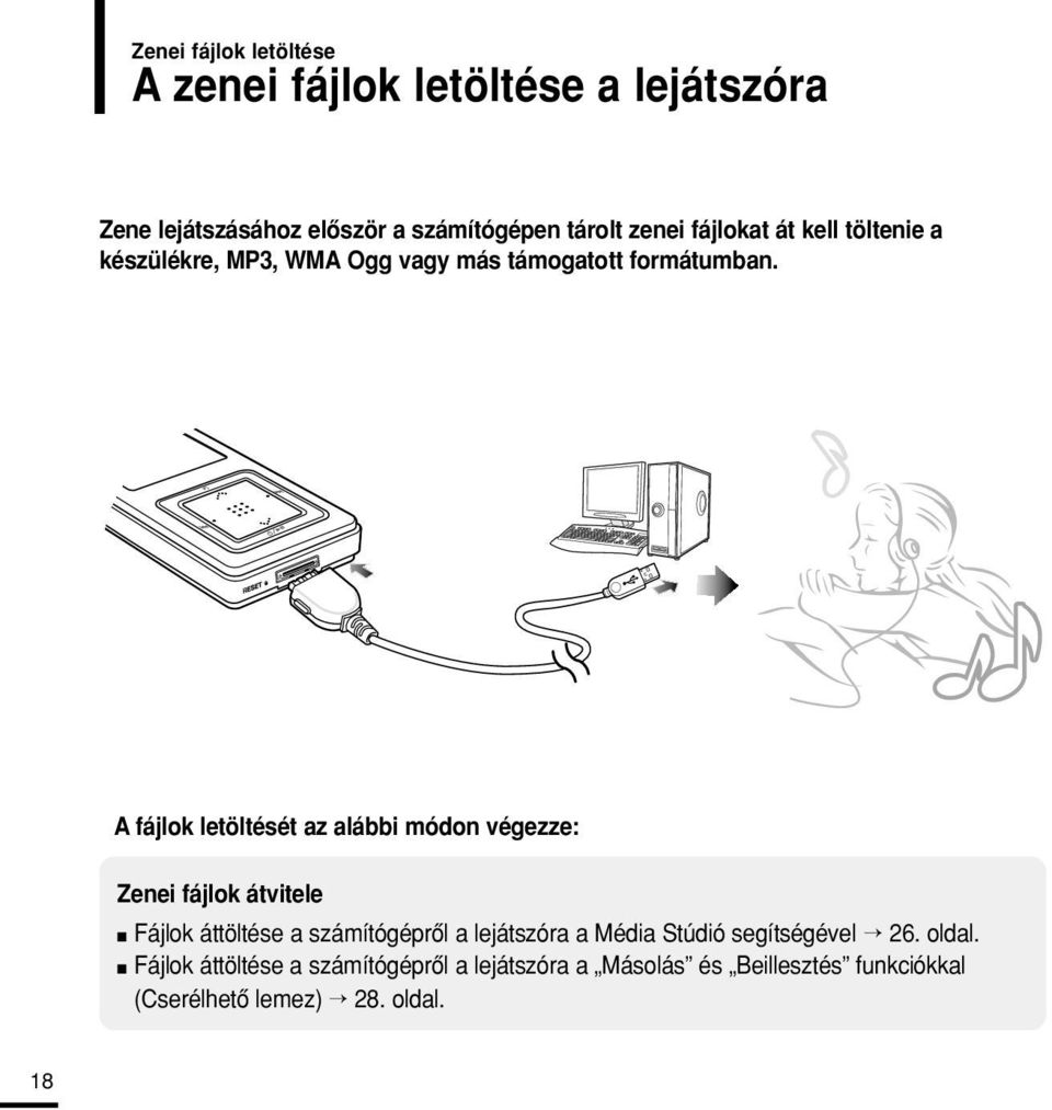 A fájlok letöltését az alábbi módon végezze: Zenei fájlok átvitele n Fájlok áttöltése a számítógéprôl a lejátszóra a