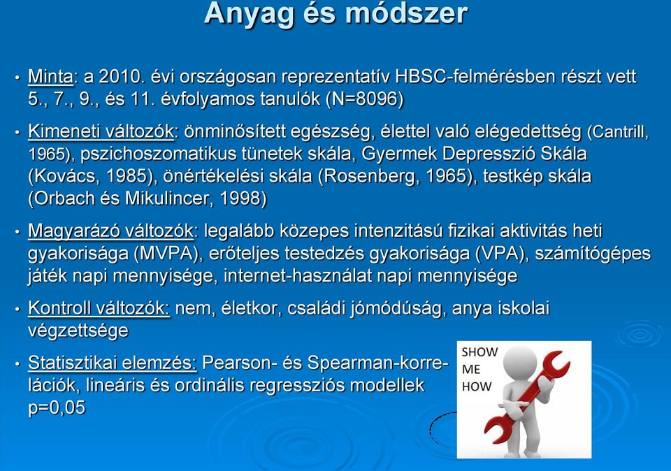 önértékelési skála (Rosenberg, 1965), testkép skála (Orbach és Mikulincer, 1998) Magyarázó változók: legalább közepes intenzitású fizikai aktivitás heti gyakorisága (MVPA), erőteljes