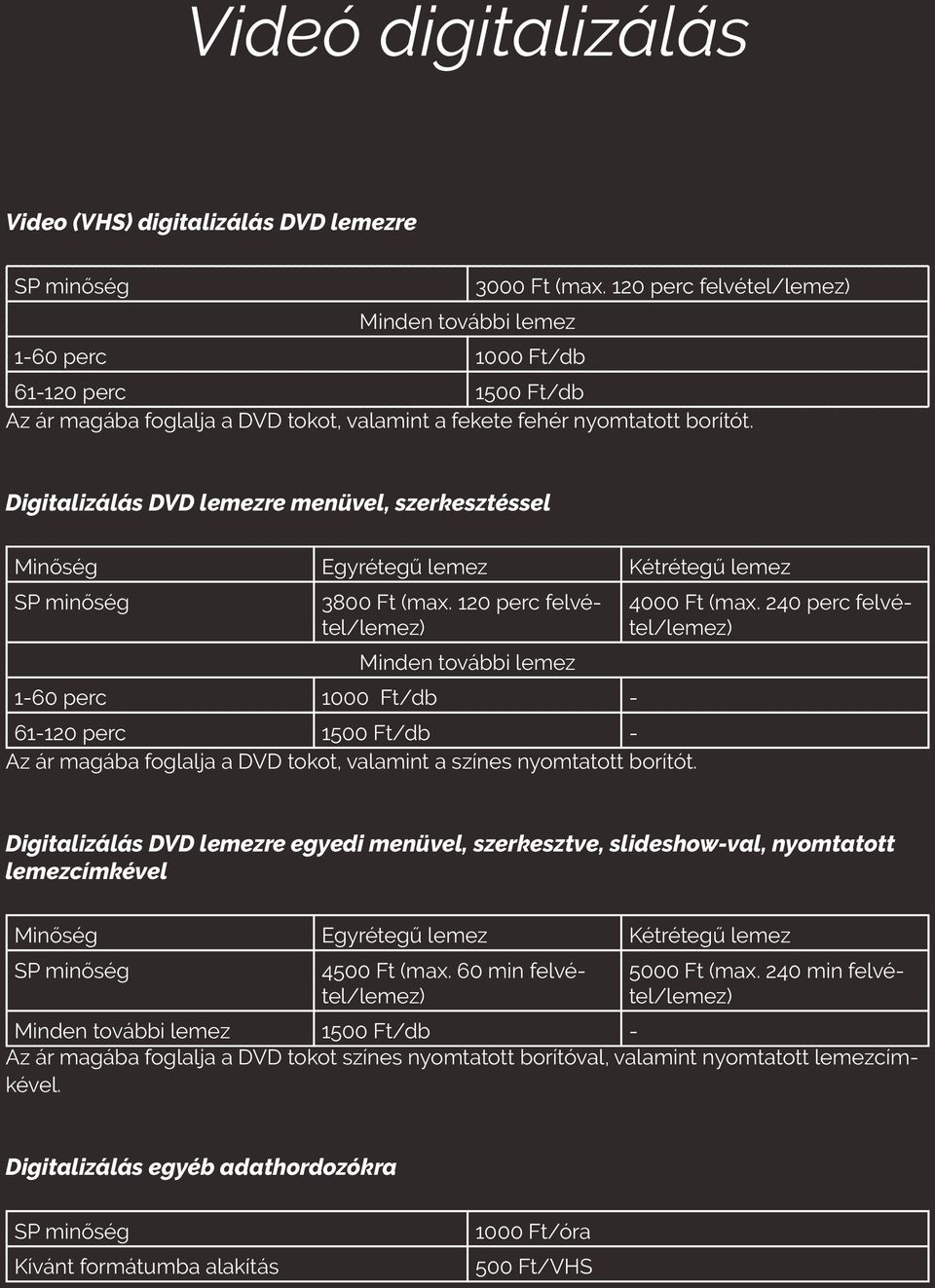 Digitalizálás DVD lemezre menüvel, szerkesztéssel Minőség Egyrétegű lemez Kétrétegű lemez SP minőség 3800 Ft (max.