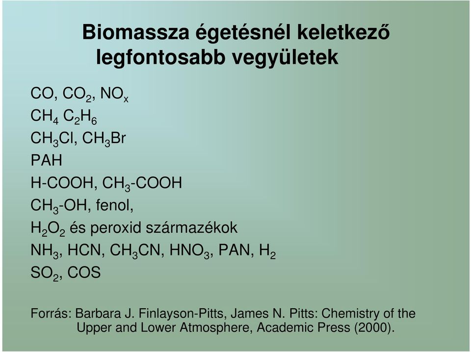 származékok NH 3, HCN, CH 3 CN, HNO 3, PAN, H 2 SO 2, COS Forrás: Barbara J.