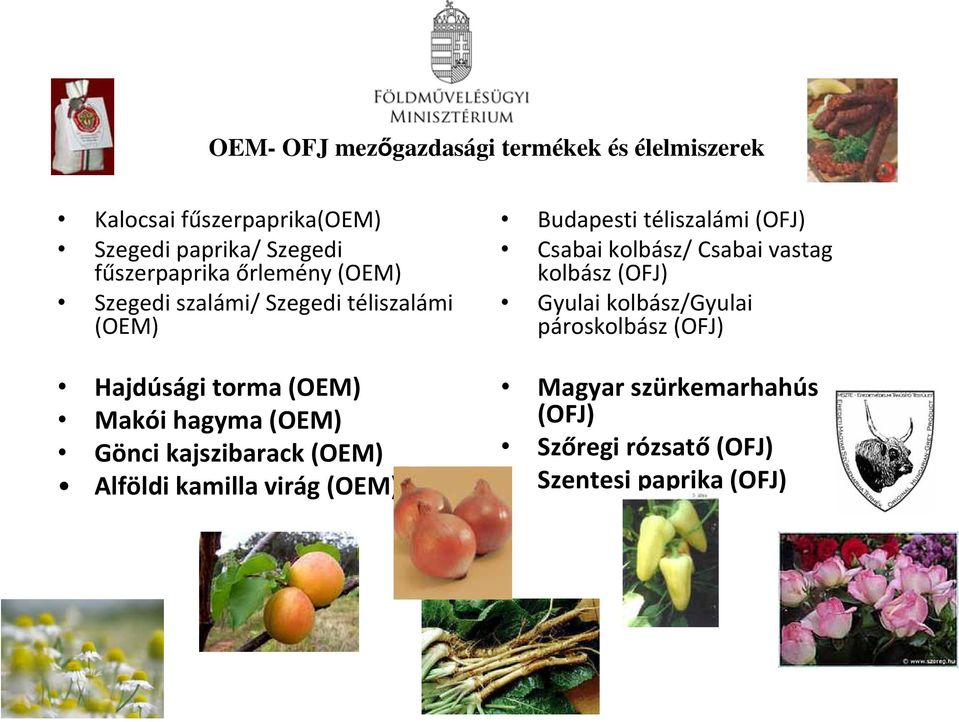 Gönci kajszibarack (OEM) Alföldi kamilla virág (OEM) Budapesti téliszalámi (OFJ) Csabai kolbász/ Csabai vastag