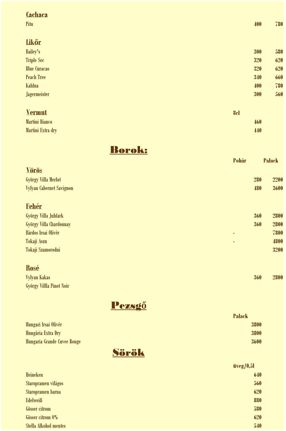 Irsai Olivér - 7800 Tokaji Aszu - 4800 Tokaji Szamorodni 3200 Rosé Vylyan Kakas 360 2800 György Villla Pinot Noir Pezsgő Palack Hungari Irsai Olivér 3800 Hungária Extra Dry 3800