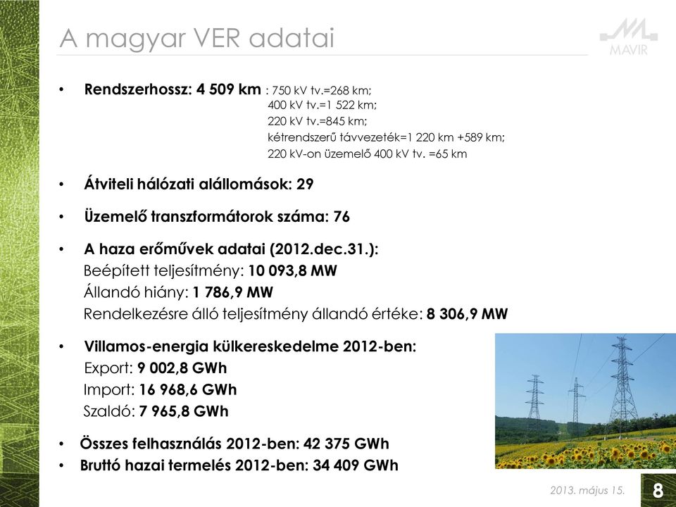 =65 km Átviteli hálózati alállomások: 29 Üzemelő transzformátorok száma: 76 A haza erőművek adatai (2012.dec.31.