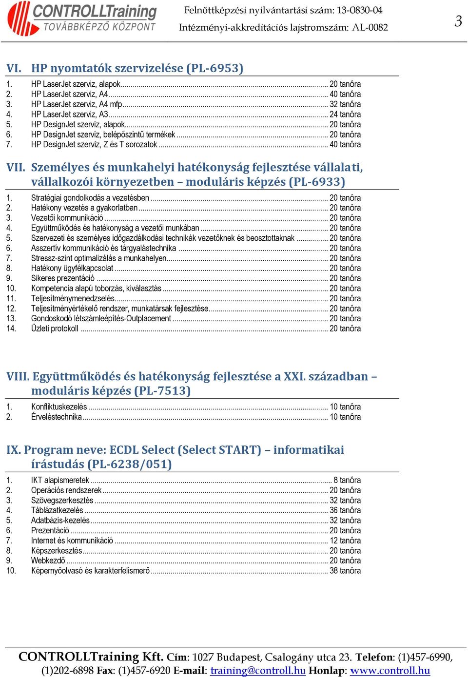 Személyes és munkahelyi hatékonyság fejlesztése vállalati, vállalkozói környezetben moduláris képzés (PL 6933) 9. 1 1 1 1 Stratégiai gondolkodás a vezetésben... Hatékony vezetés a gyakorlatban.