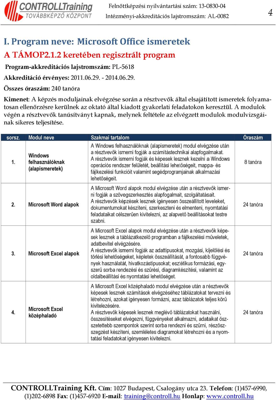 keresztül. A modulok végén a résztvevők tanúsítványt kapnak, melynek feltétele az elvégzett modulok modulvizsgái- nak sikeres teljesítése. sorsz.
