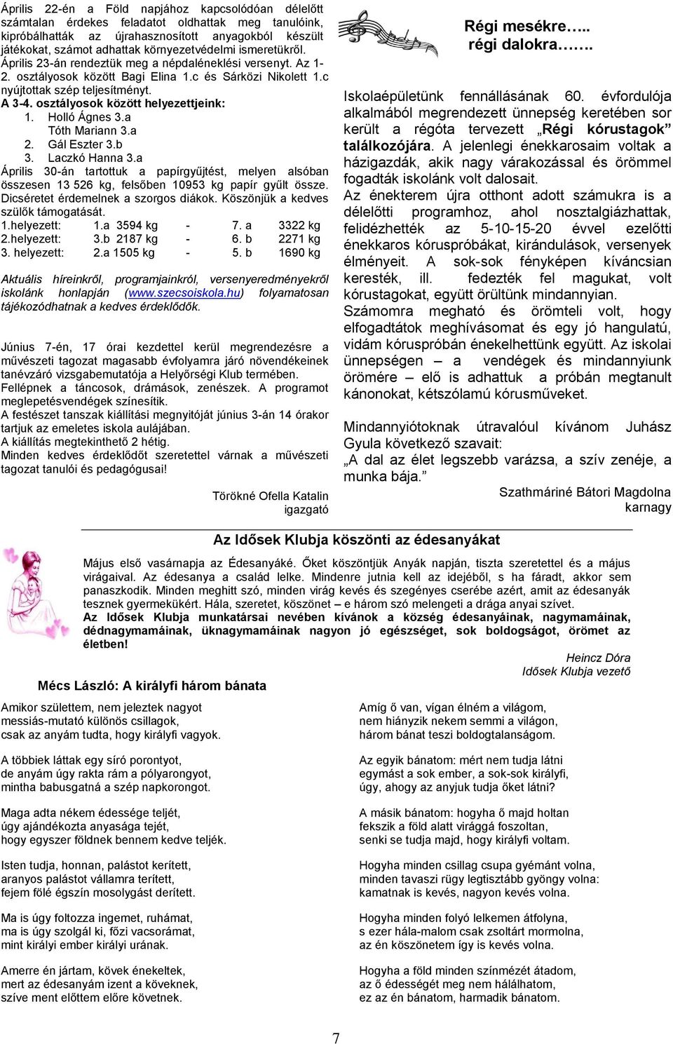 osztályosok között helyezettjeink: 1. Holló Ágnes 3.a Tóth Mariann 3.a 2. Gál Eszter 3.b 3. Laczkó Hanna 3.