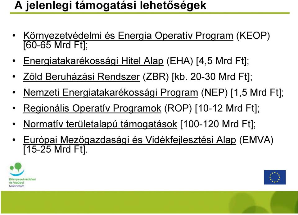 20-30 Mrd Ft]; Nemzeti Energiatakarékossági Program (NEP) [1,5 Mrd Ft]; Regionális Operatív Programok (ROP)