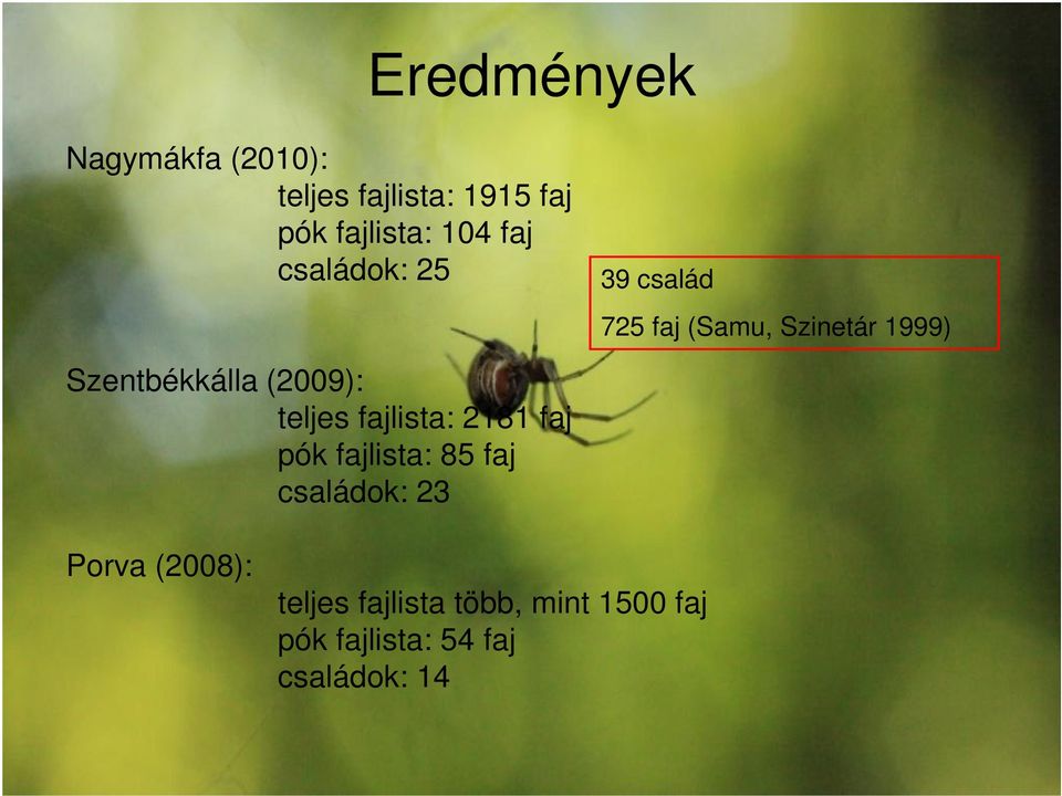 (2009): teljes fajlista: 2181 faj pók fajlista: 85 faj családok: 23 Porva