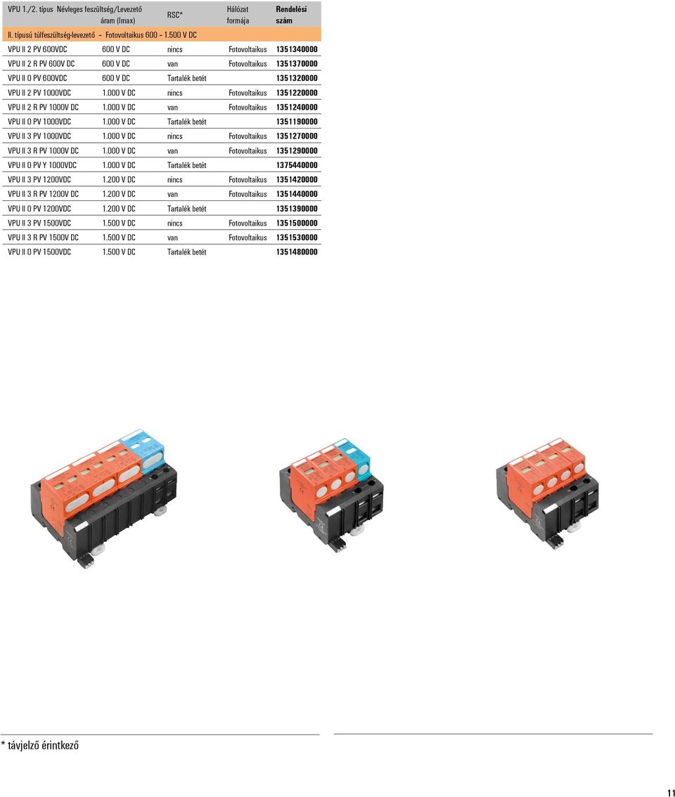 35320000 VPU II 2 PV 000VDC.000 V DC nincs Fotovoltaikus 35220000 VPU II 2 R PV 000V DC.000 V DC van Fotovoltaikus 35240000 VPU II 0 PV 000VDC.000 V DC Tartalék betét 3590000 VPU II 3 PV 000VDC.