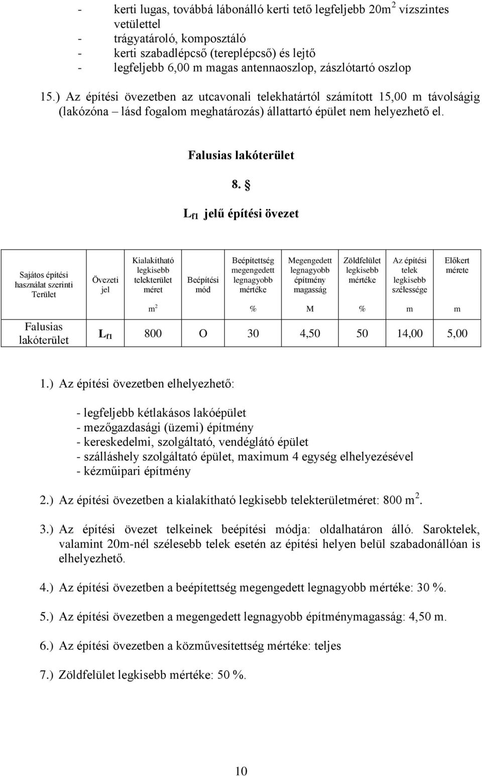 L f1 jelű építési övezet Sajátos építési használat szerinti Terület Falusias lakó Övezeti jel Kialakítható telek méret m 2 Beépítési mód Beépítettség megengedett Megengedett magasság M Zöldfelület Az