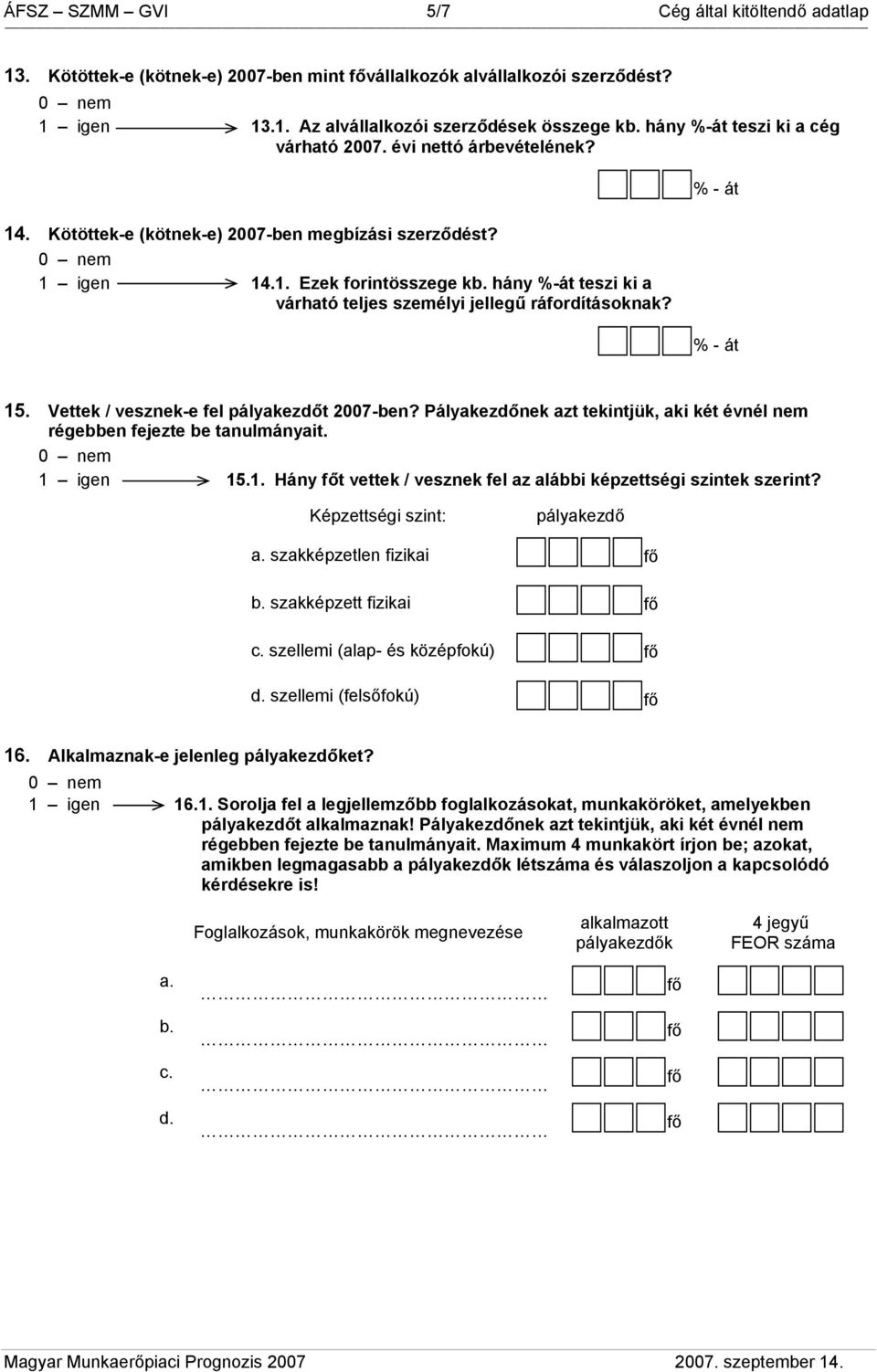 Vettek / vesznek-e fel pályakezdőt 2007-ben? Pályakezdőnek azt tekintjük, aki két évnél nem régebben fejezte be tanulmányait. 1 igen 15.1. Hány t vettek / vesznek fel az alábbi képzettségi szintek szerint?