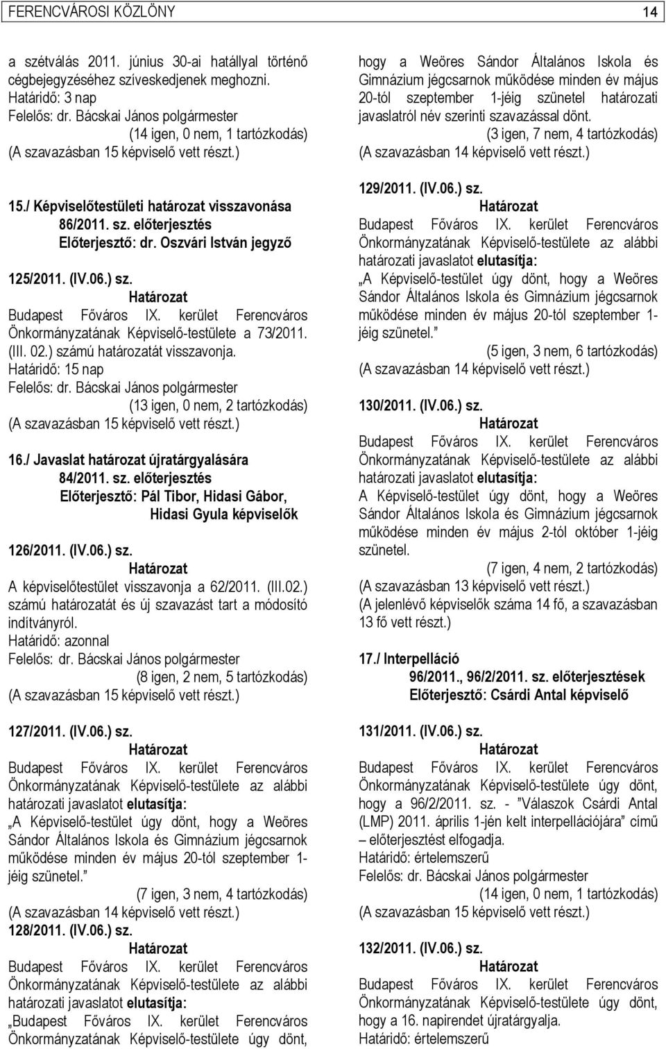 ) számú határozatát visszavonja. Határidő: 15 nap (13 igen, 0 nem, 2 tartózkodás) 16./ Javaslat határozat újratárgyalására 84/2011. sz. előterjesztés Előterjesztő: Pál Tibor, Hidasi Gábor, Hidasi Gyula képviselők 126/2011.