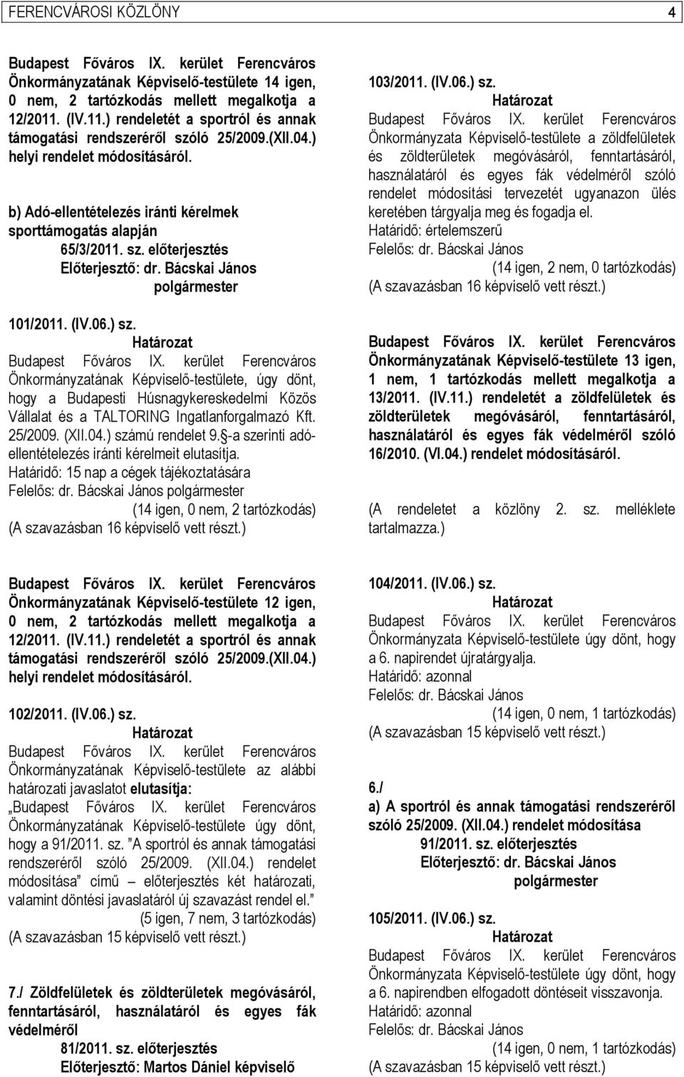 Önkormányzatának Képviselő-testülete, úgy dönt, hogy a Budapesti Húsnagykereskedelmi Közös Vállalat és a TALTORING Ingatlanforgalmazó Kft. 25/2009. (XII.04.) számú rendelet 9.