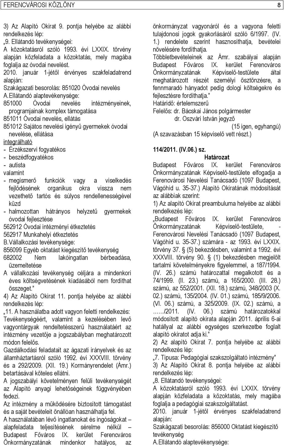 Ellátandó alaptevékenysége: 851000 Óvodai nevelés intézményeinek, programjainak komplex támogatása 851011 Óvodai nevelés, ellátás 851012 Sajátos nevelési igényű gyermekek óvodai nevelése, ellátása