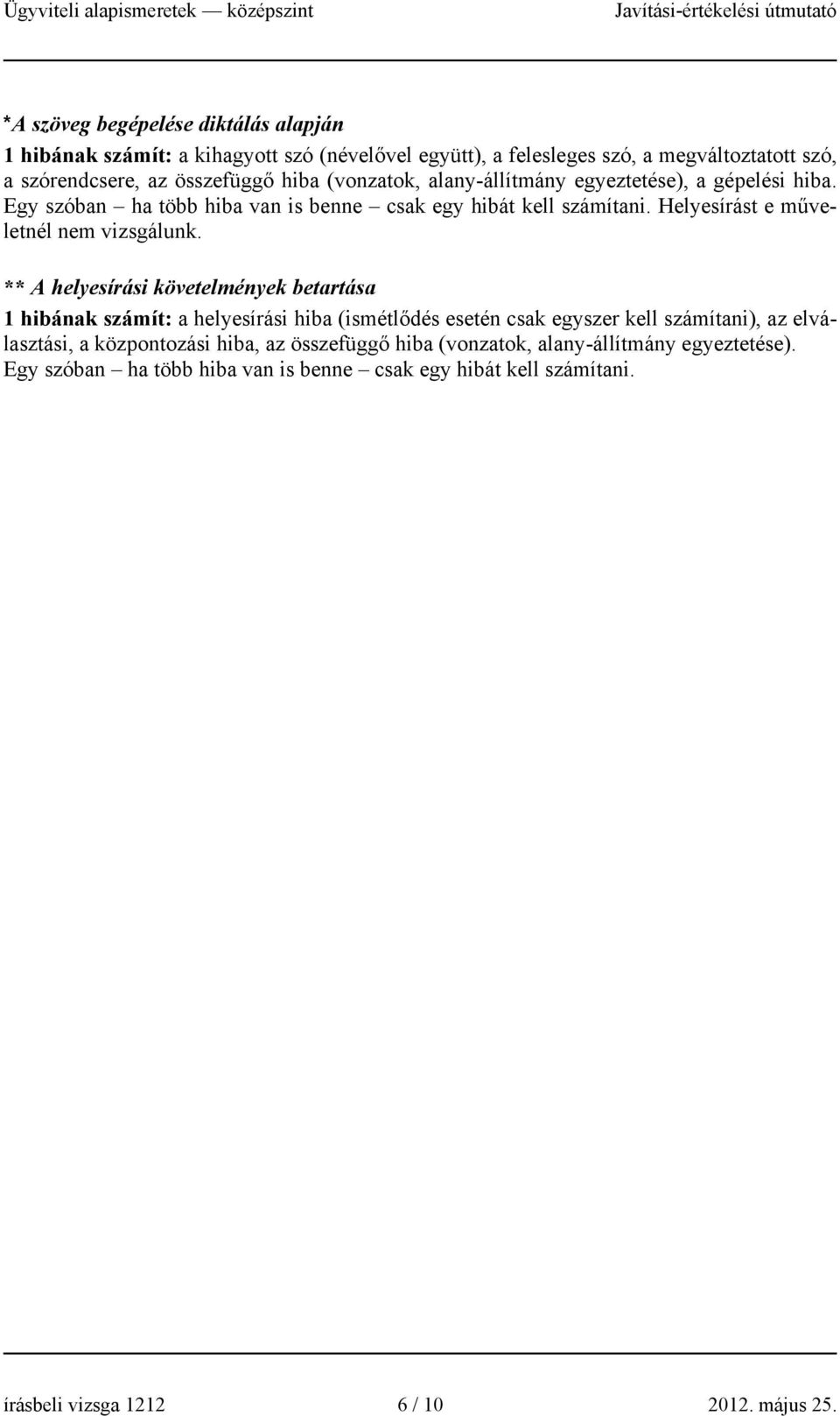 ** A helyesírási követelmények betartása 1 hibának számít: a helyesírási hiba (ismétlődés esetén csak egyszer kell számítani), az elválasztási, a központozási hiba, az