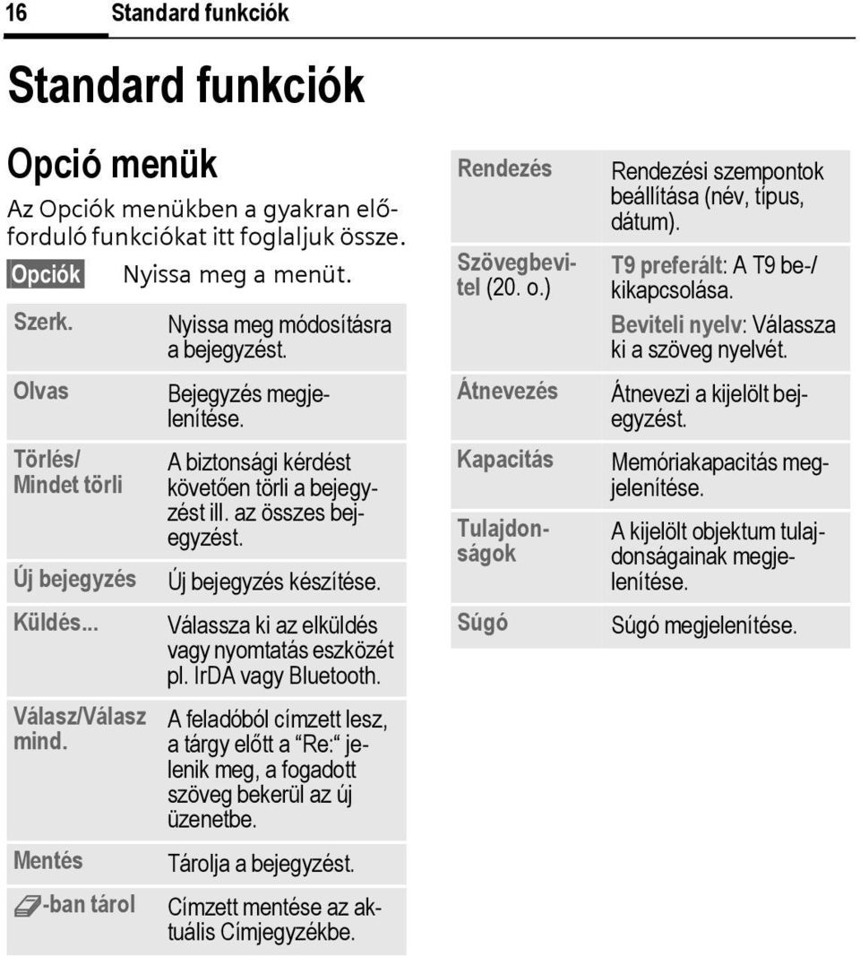 A biztonsági kérdést követően törli a bejegyzést ill. az összes bejegyzést. Új bejegyzés készítése. Válassza ki az elküldés vagy nyomtatás eszközét pl. IrDA vagy Bluetooth.