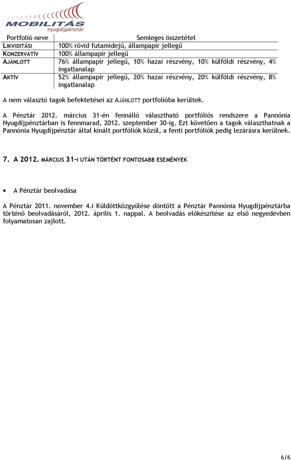 március 31-én fennálló választható portfóliós rendszere a Pannónia Nyugdíjpénztárban is fennmarad, 2012. szeptember 30-ig.