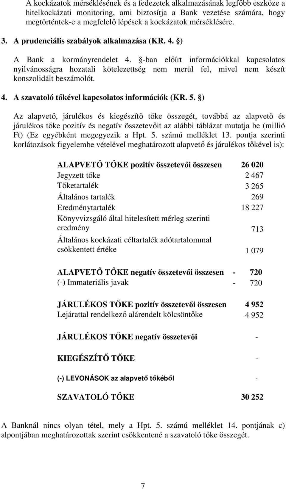 -ban előírt információkkal kapcsolatos nyilvánosságra hozatali kötelezettség nem merül fel, mivel nem készít konszolidált beszámolót. 4. A szavatoló tőkével kapcsolatos információk (KR. 5.