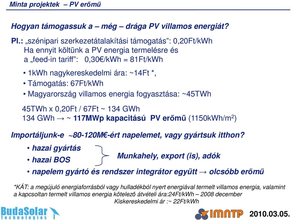 Magyarország villamos energia fogyasztása: ~45TWh 45TWh x 0,20Ft / 67Ft ~ 134 GWh 134 GWh ~ 117MWp kapacitású PV erőmű (1150kWh/m 2 ) Importáljunk-e ~80-120M -ért napelemet, vagy gyártsuk itthon?