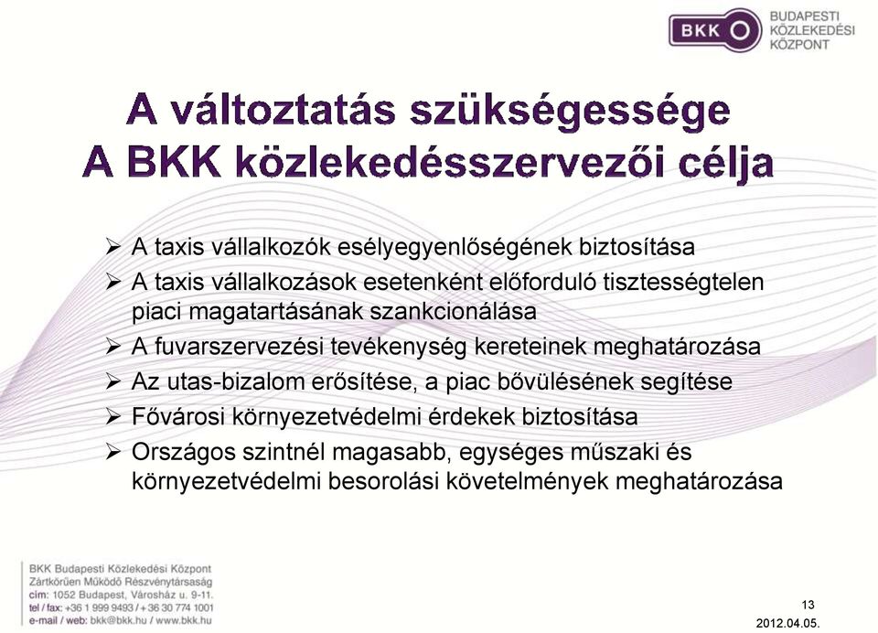 meghatározása Az utas-bizalom erősítése, a piac bővülésének segítése Fővárosi környezetvédelmi érdekek