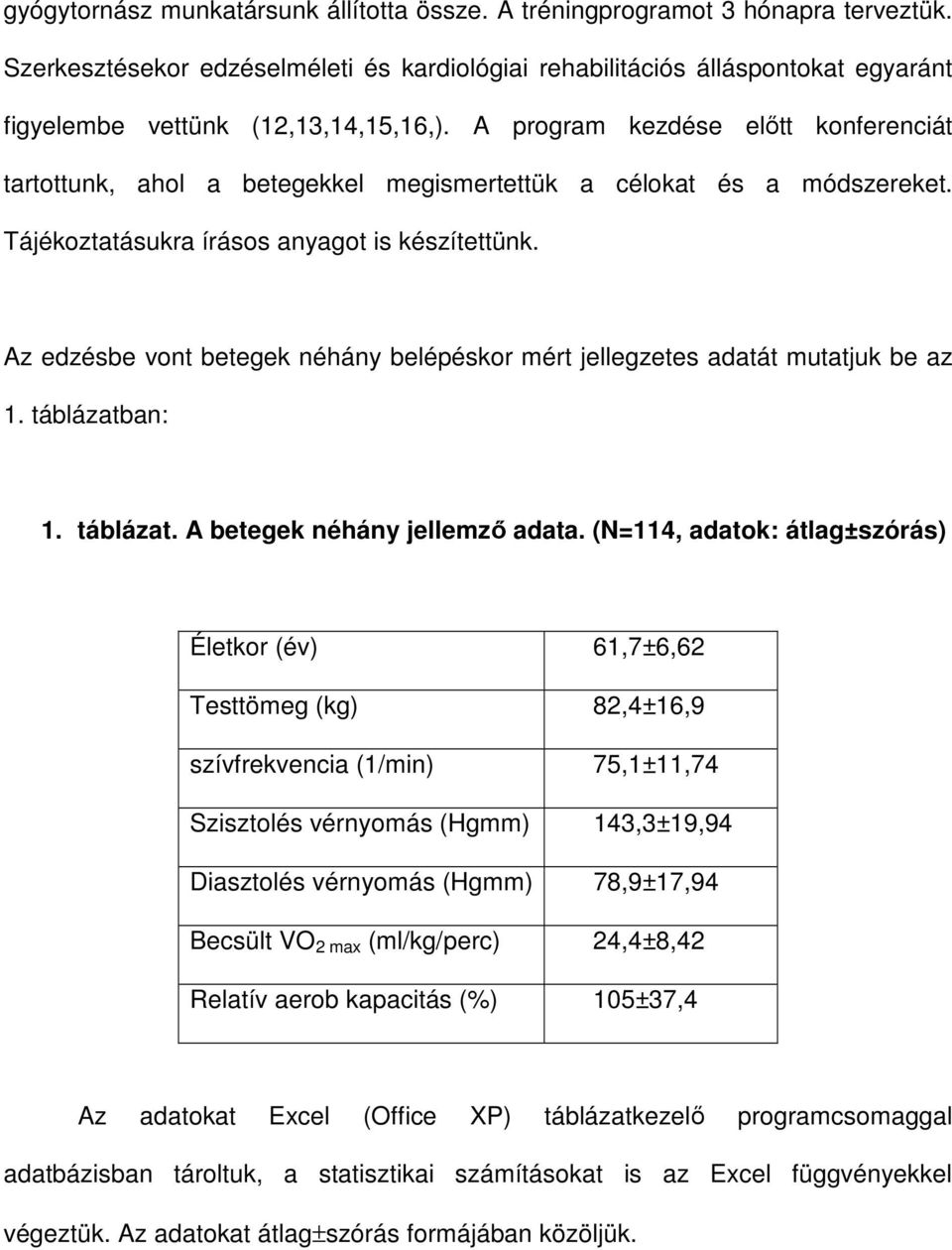 A program kezdése előtt konferenciát tartottunk, ahol a betegekkel megismertettük a célokat és a módszereket. Tájékoztatásukra írásos anyagot is készítettünk.