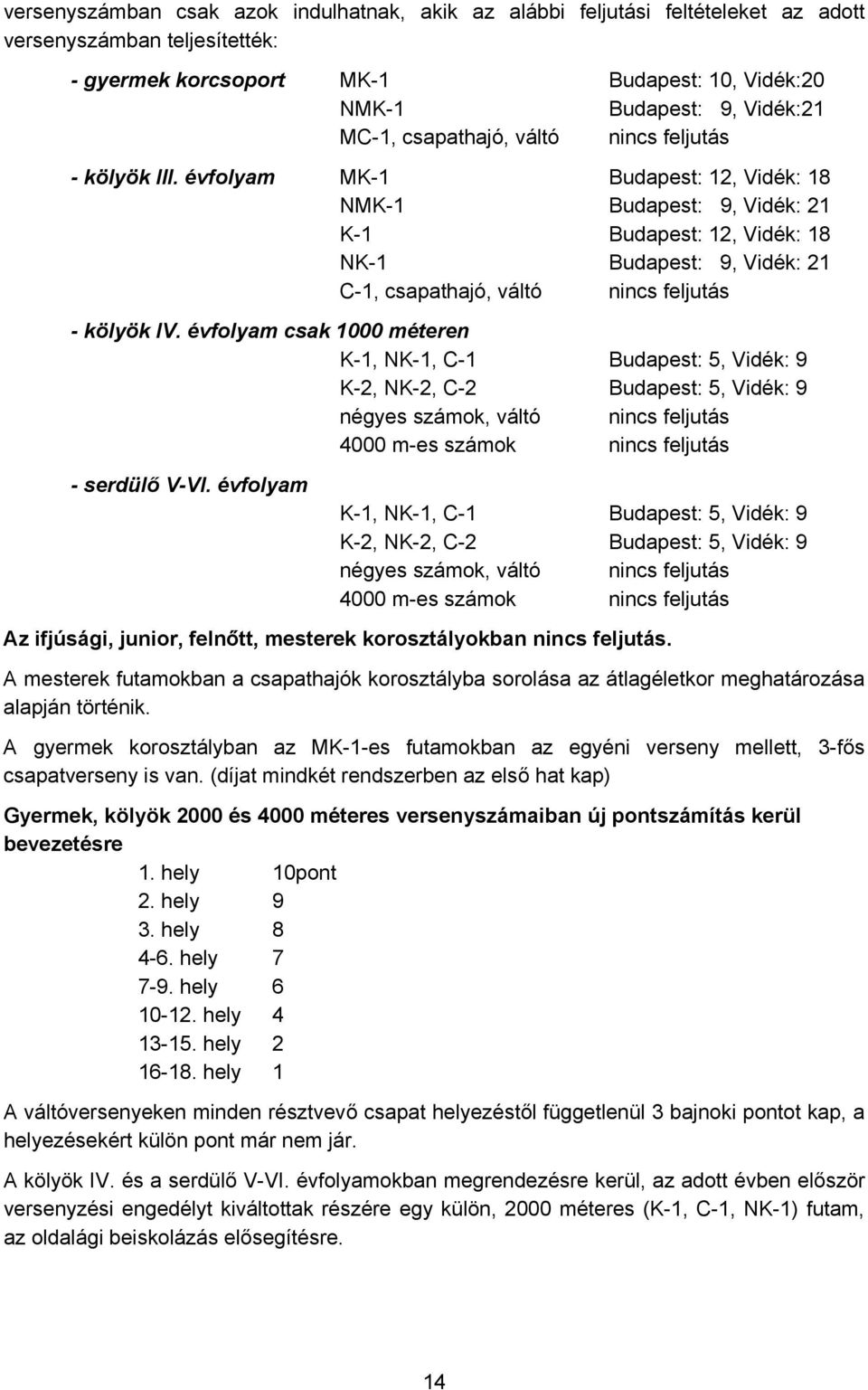 évfolyam MK-1 Budapest: 12, Vidék: 18 NMK-1 Budapest: 9, Vidék: 21 K-1 Budapest: 12, Vidék: 18 NK-1 Budapest: 9, Vidék: 21 C-1, csapathajó, váltó nincs feljutás - kölyök IV.