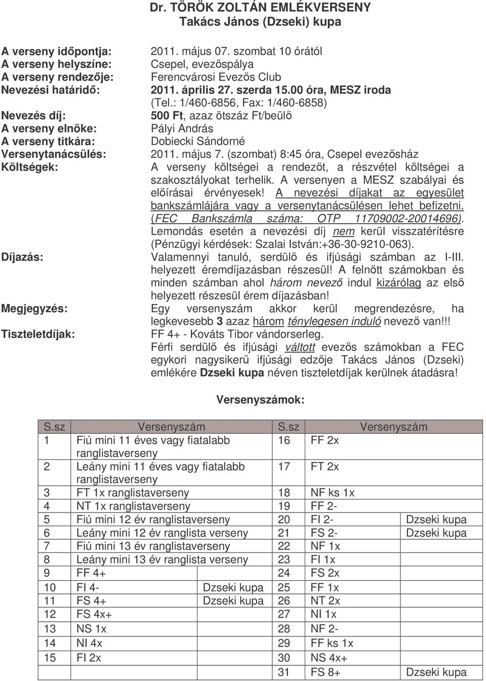 : 1/460-6856, Fax: 1/460-6858) Nevezés díj: 500 Ft, azaz ötszáz Ft/beül A verseny elnöke: Pályi András A verseny titkára: Dobiecki Sándorné Versenytanácsülés: 2011. május 7.