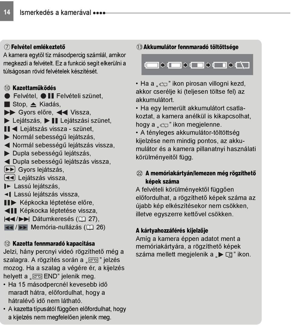 Dupla sebességű lejátszás, Dupla sebességű lejátszás vissza, Gyors lejátszás, Lejátszás vissza, Lassú lejátszás, Lassú lejátszás vissza, Képkocka léptetése előre, Képkocka léptetése vissza, /