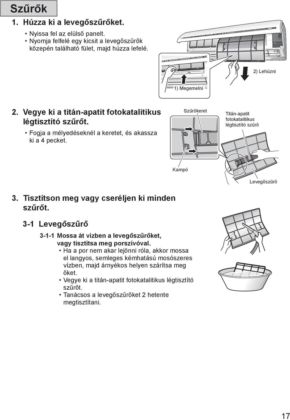 Szűrőkeret Titán-apatit fotokatalitikus légtisztító szűrő Kampó Levegőszűrő 3. Tisztítson meg vagy cseréljen ki minden szűrőt.