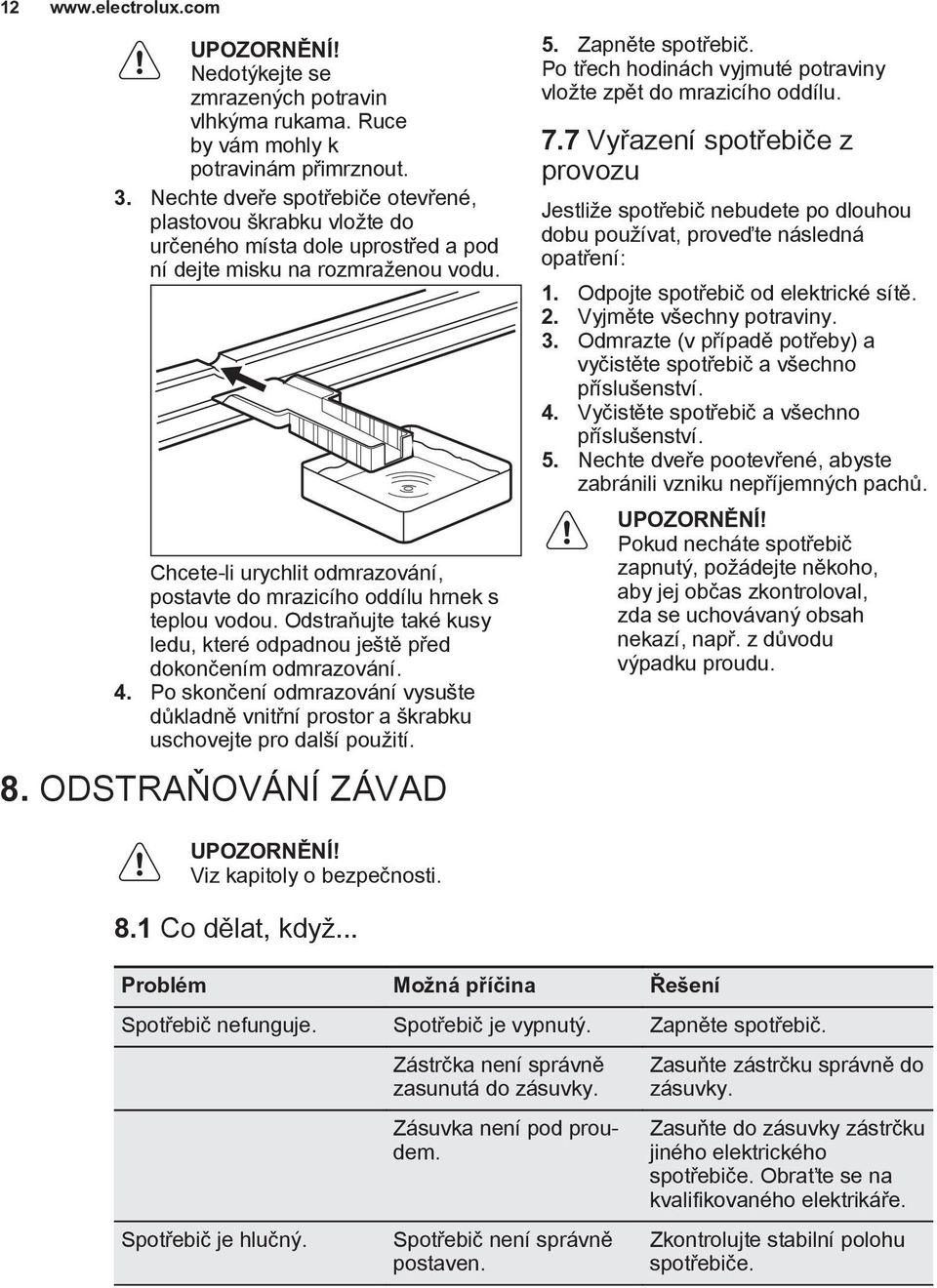 Chcete-li urychlit odmrazování, postavte do mrazicího oddílu hrnek s teplou vodou. Odstraňujte také kusy ledu, které odpadnou ještě před dokončením odmrazování. 4.